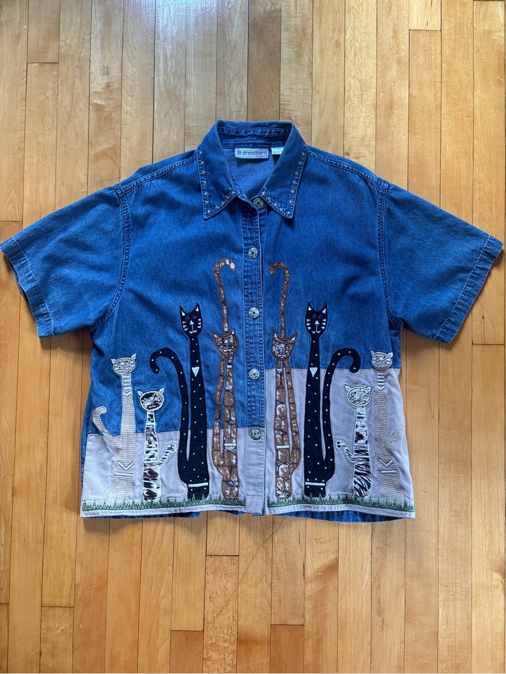 EUC Vintage 90s Embroidered Cat Button-Down Dressbarn Woman 1X Jean Shirt Jacket